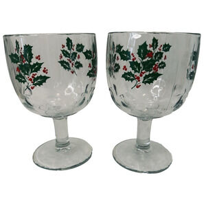 Bartlett Collins 16oz Thumbprint Glass Holly Berry 6" Goblets Set of 2 Christmas